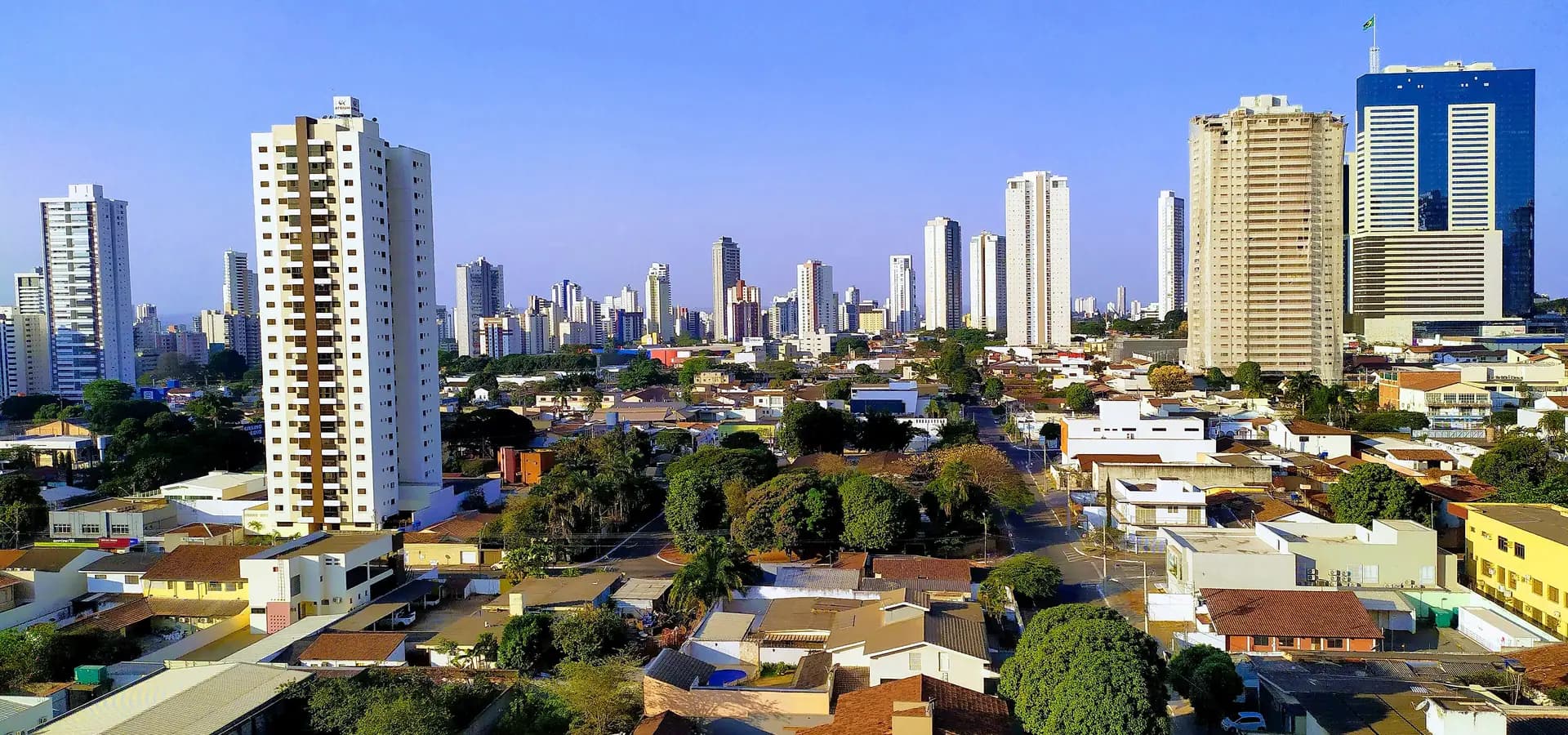 Torres de apartamentos blancas sobre calles arboladas y casas bajas de Goiânia bajo un cielo azul despejado