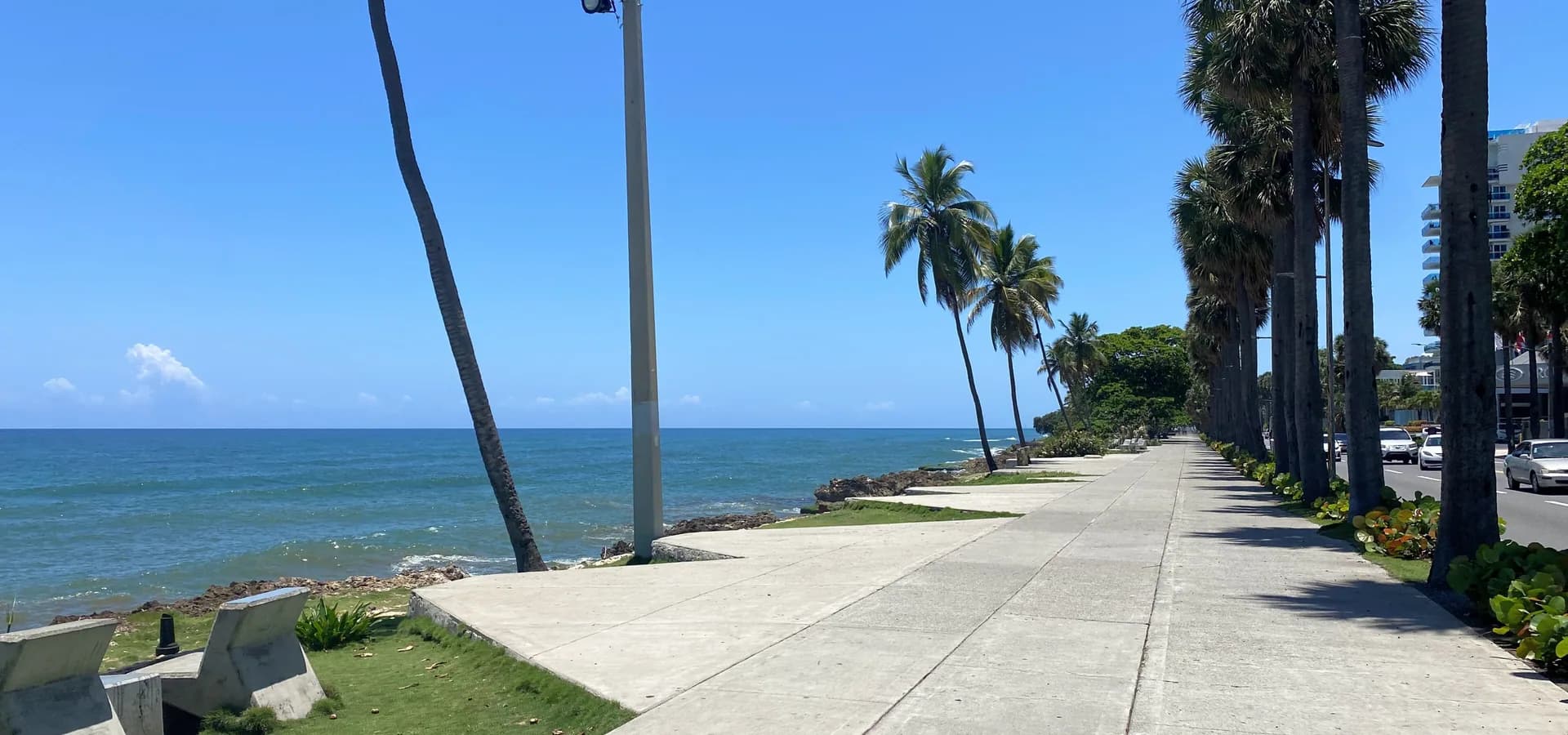 Palm-lined Malecón promenade beside the blue Caribbean Sea on a sunny day in Santo Domingo