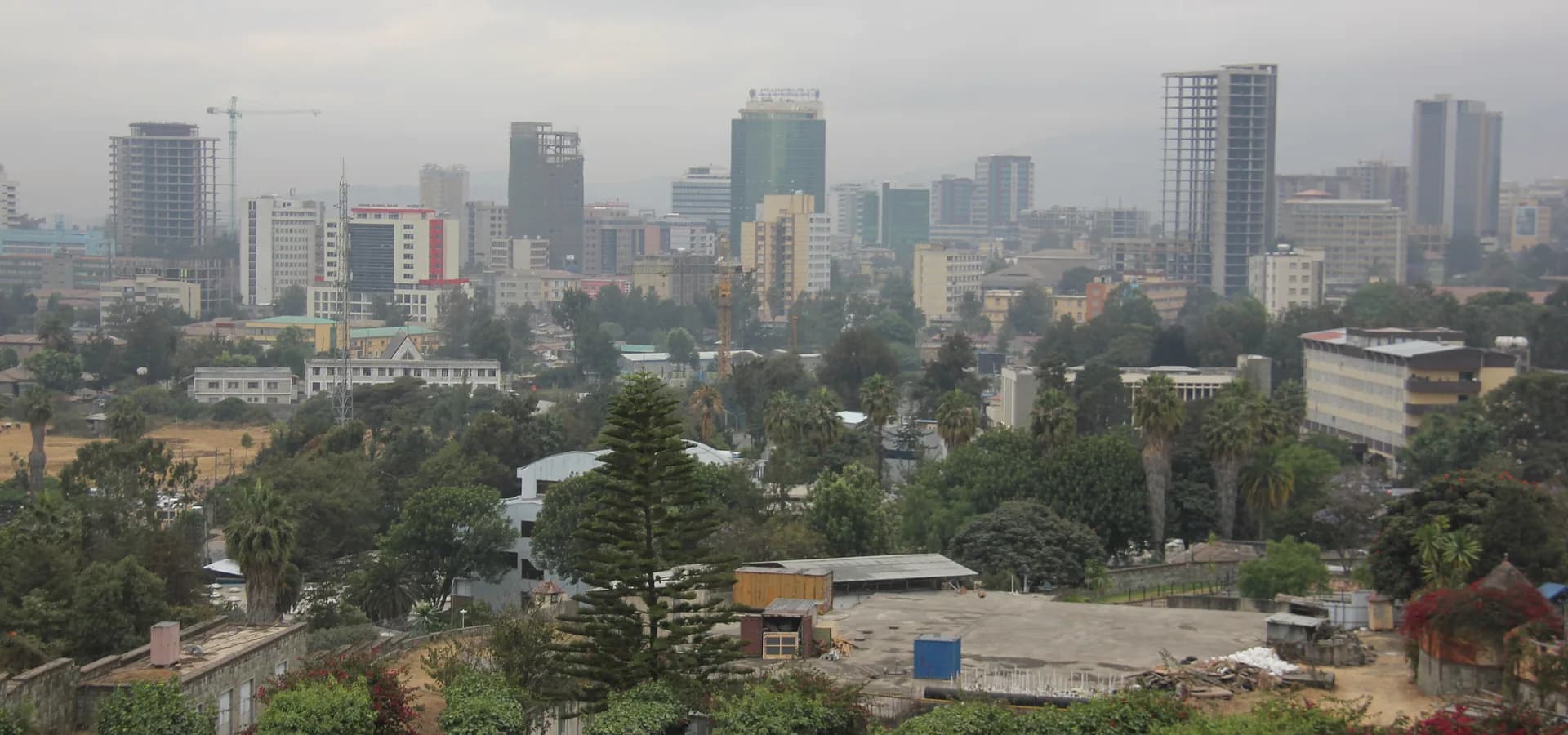 Hochhäuser von Addis Abeba über begrünten Gärten und niedrigen Dächern unter dunstigem Himmel