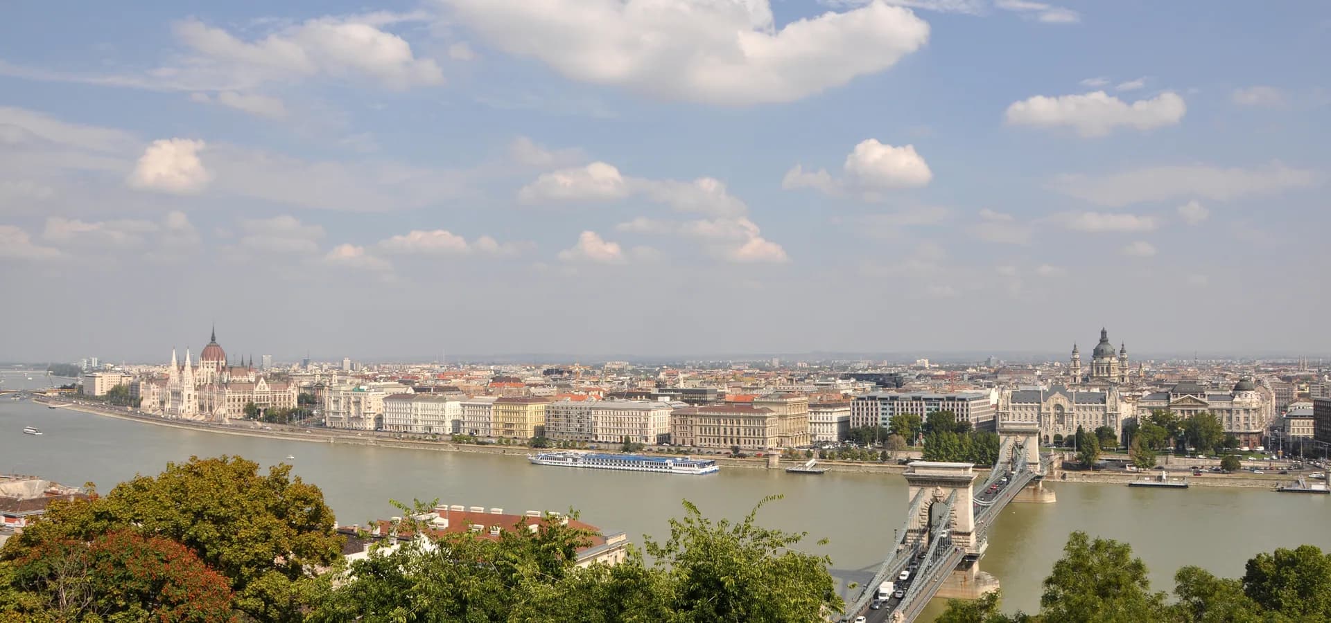 Wide view over the Danube to Pest, with the Parliament on the left, the Chain Bridge on the right and a cloudy blue sky