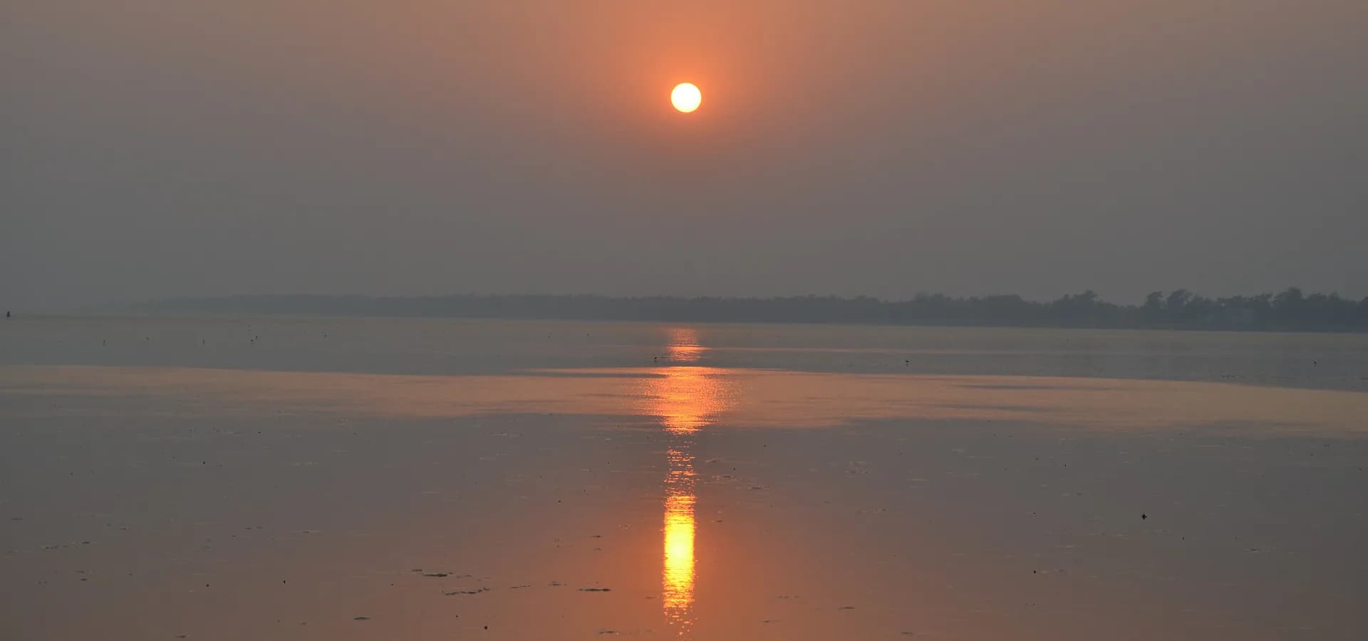 Orangefarbene Sonne geht über dem flachen, spiegelnden Watt des Strands von Chandipur unter, am Horizont eine niedrige Baumreihe