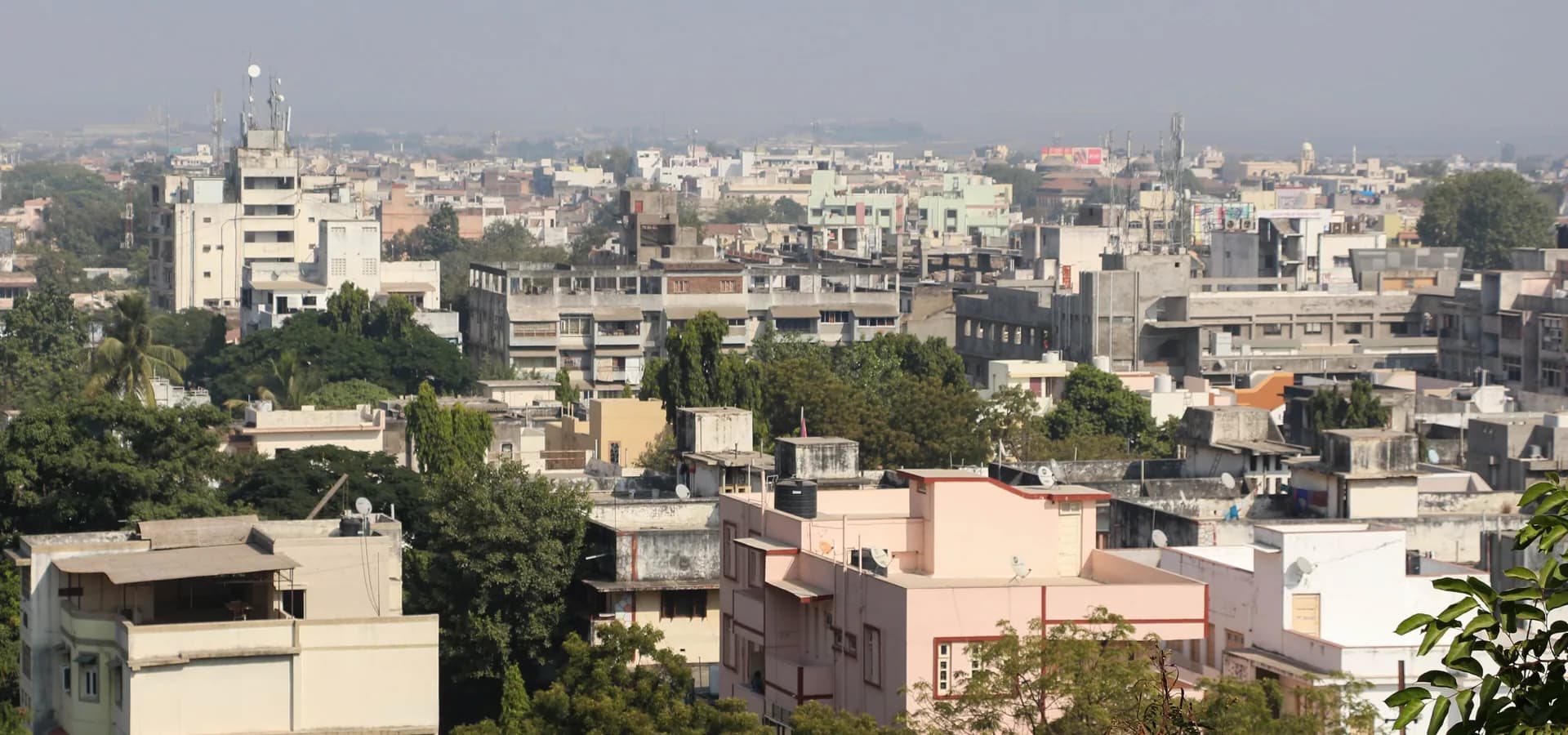 Pale rooftops and green treetops of Bhavnagar stretching to a hazy horizon, seen from Takhteshwar hill
