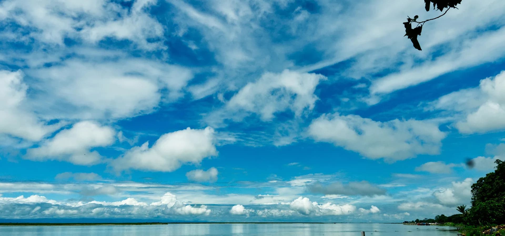 El ancho río Brahmaputra bajo nubes blancas y cielo azul, visto desde una orilla cubierta de hierba en Dibrugarh