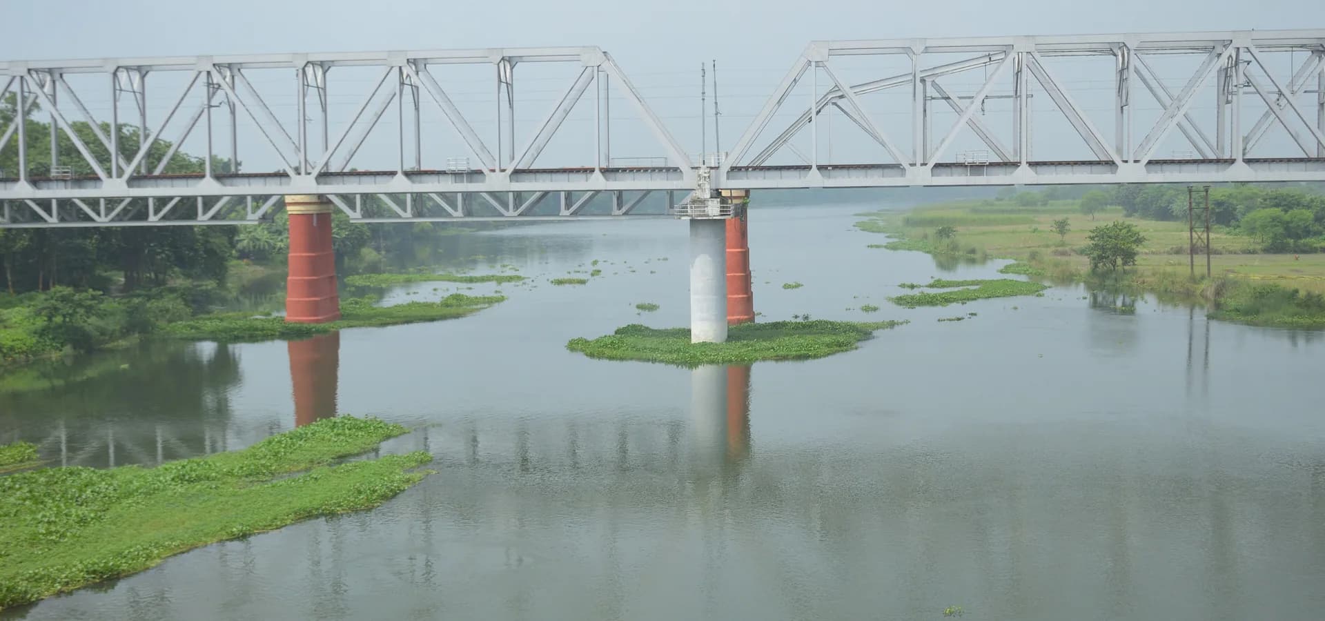 Un puente ferroviario de acero blanco cruza el tranquilo río Jalangi en Krishnanagar, con orillas verdes y plantas acuáticas
