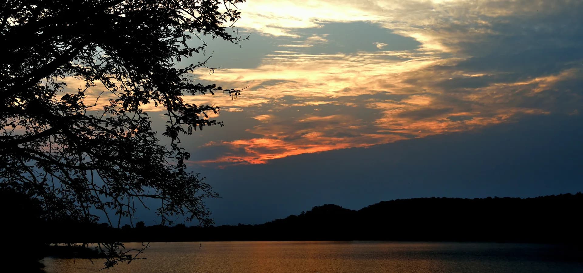 Nuvens laranja de pôr do sol sobre um calmo reservatório e colinas baixas perto de Yavatmal, emolduradas por uma árvore escura à esquerda