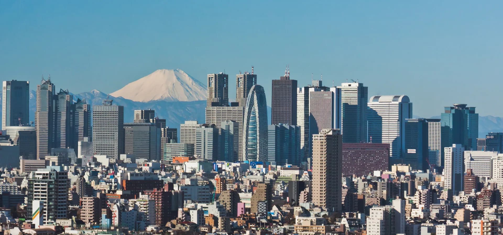 Shinjuku's skyscrapers rising above a sea of low buildings, with snow-capped Mount Fuji on the horizon under a clear blue sky