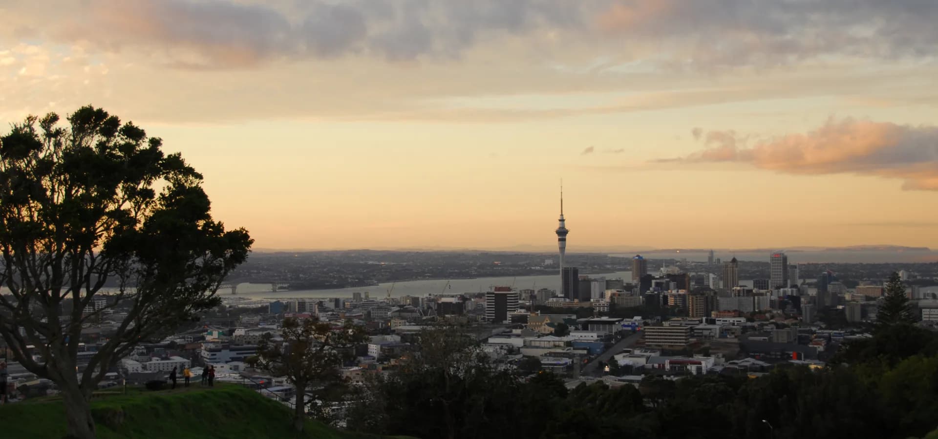 Auckland bei Sonnenuntergang vom Mount Eden, Sky Tower und Hafen unter rosa und goldenen Wolken