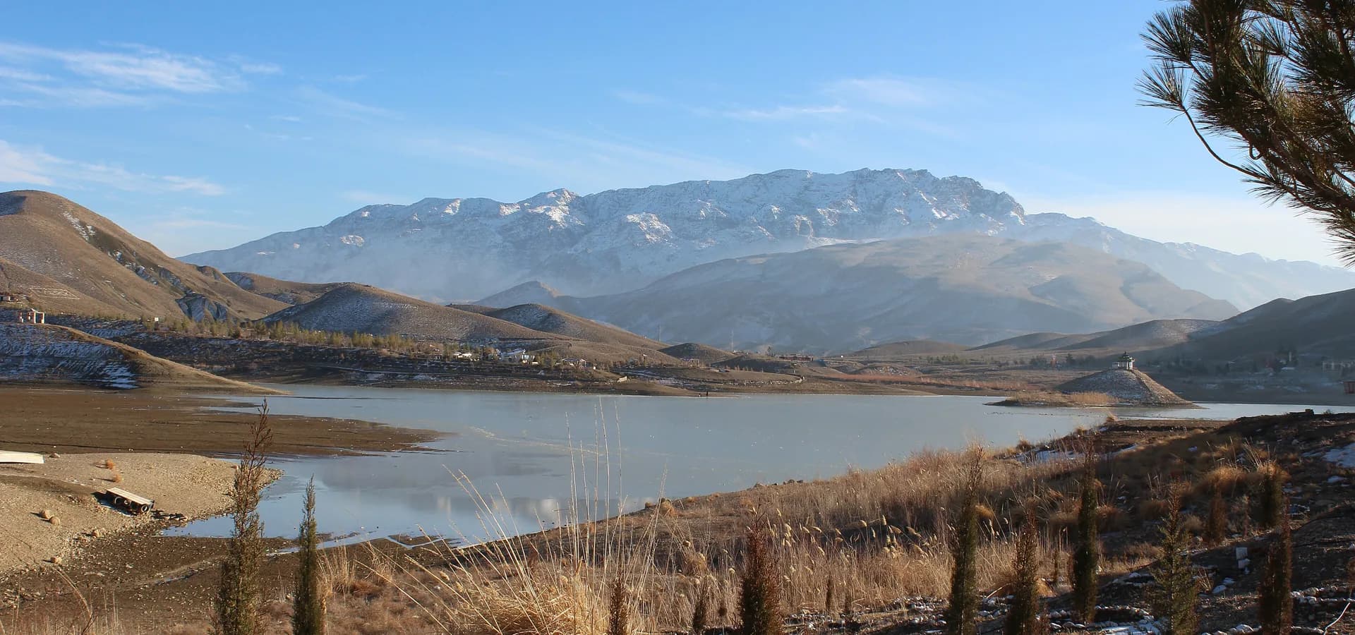Hanna Lake near Quetta, its still water below snow-dusted mountains and a clear blue winter sky